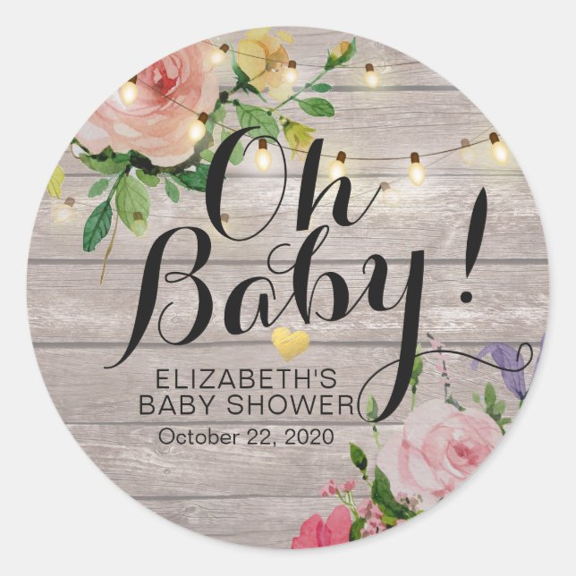 Baby Shower Chic Flowers Rustic Wood String Lights Classic Round Sticker (Front)