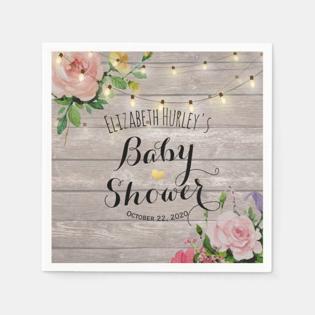Baby Shower Chic Flowers Rustic Wood String Lights Napkin (Front)