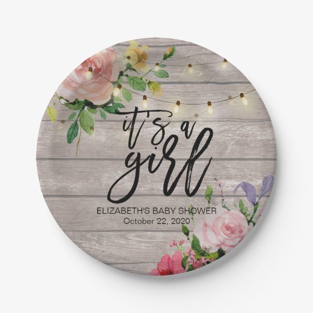 Baby Shower Chic Flowers Rustic Wood String Lights Paper Plate (Front)
