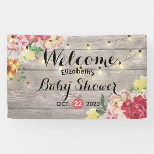 Baby Shower Chic Flowers String Lights Rustic Wood Banner