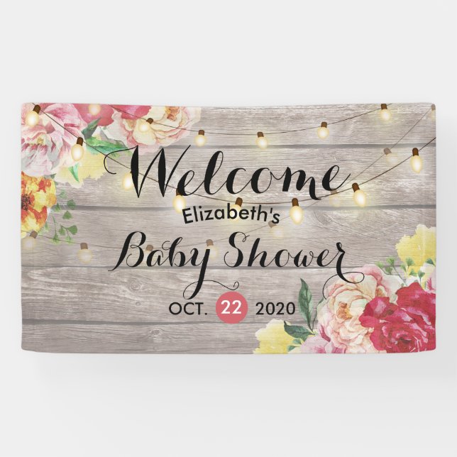 Baby Shower Chic Flowers String Lights Rustic Wood Banner (Horizontal)