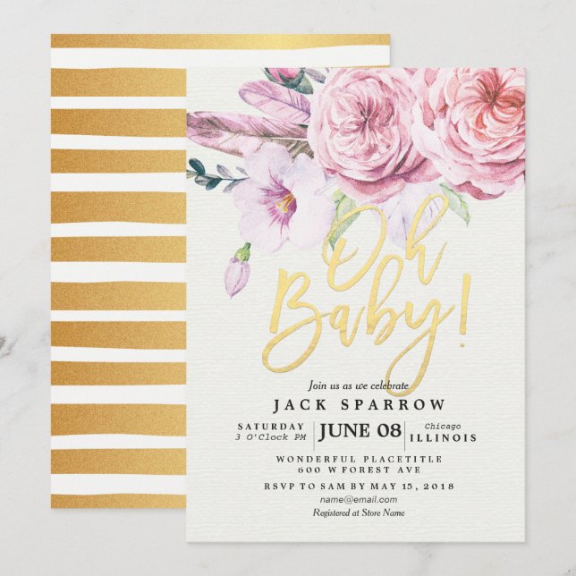 Baby Shower Chic Watercolor Boho Floral Feather Invitation (Front/Back)