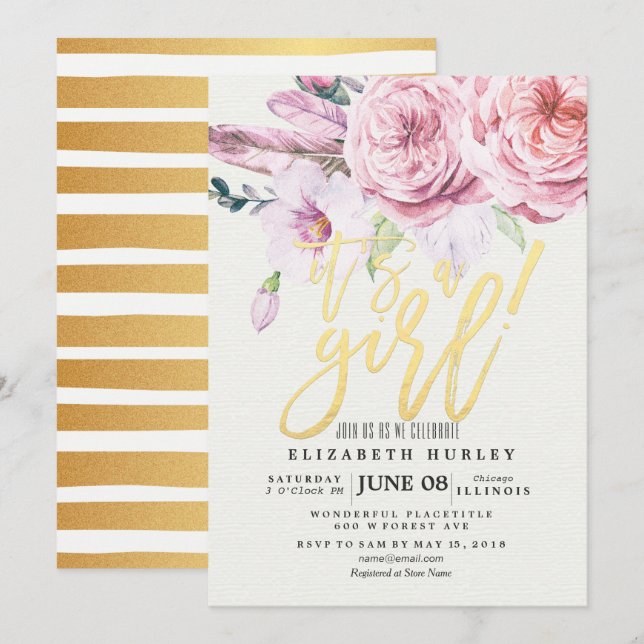 Baby Shower Chic Watercolor Boho Floral Feather Invitation (Front/Back)