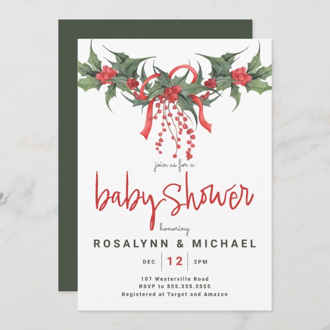 BABY SHOWER | Christmas Holiday Holly Floral Invit Invitation (Front/Back)