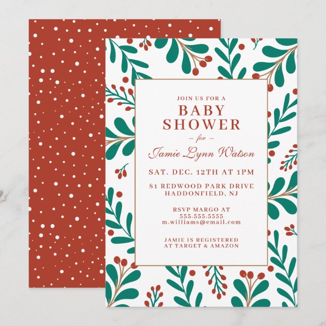 BABY SHOWER | Christmas Mistletoe & Holly Invitation (Front/Back)