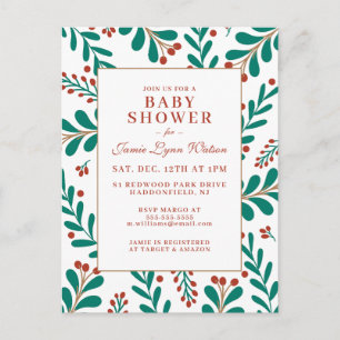 BABY SHOWER Christmas Mistletoe & Holly Postcard
