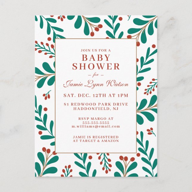 BABY SHOWER | Christmas Mistletoe & Holly Postcard (Front)