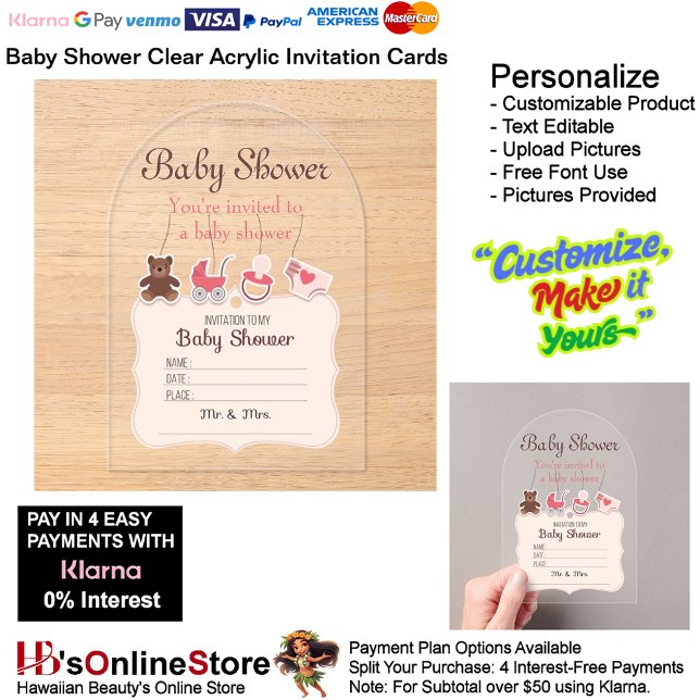 Baby Shower Clear Acrylic Invitation Card 12 (Baby Shower Birth Party Supplies Celebrate Clear Acrylic Invitations 12.)