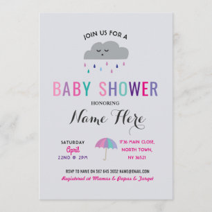 Baby Shower Cloud Sprinkle Rain Pink Umbrella Girl Invitation