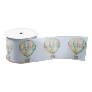 Baby shower, colourful watercolor hot air balloon satin ribbon