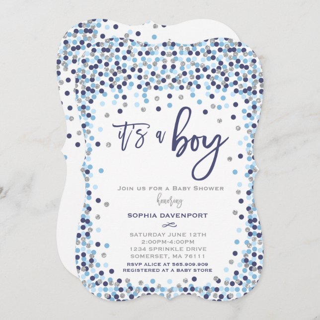 Baby Shower Confetti Invitation Blue And Silver (Front/Back)