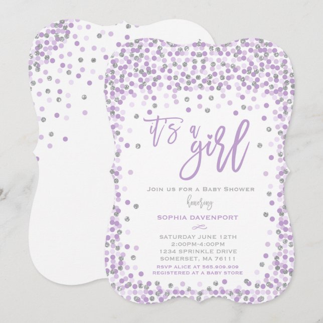 Baby Shower Confetti Invitation Lavender & Silver (Front/Back)