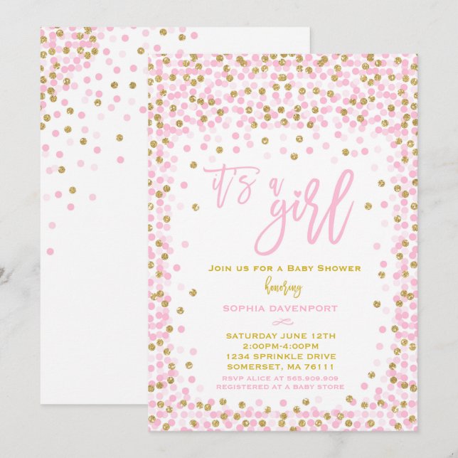 Baby Shower Confetti Invitation Pink And Gold Girl (Front/Back)
