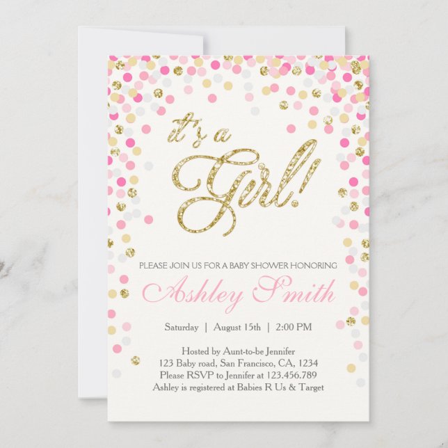 Baby Shower Confetti Pink Gold Glitter Invitation (Front)