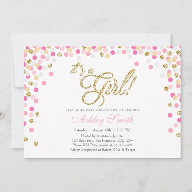 Baby Shower Confetti Pink Gold Glitter Invitation (Front)