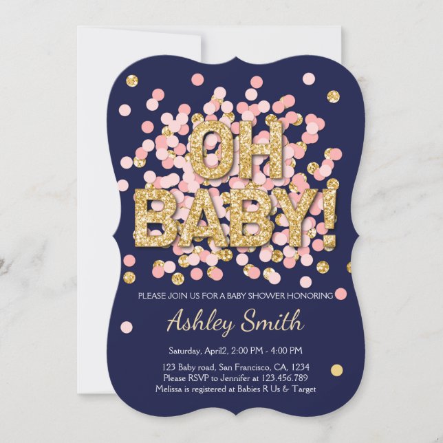 Baby Shower Confetti Pink Gold Navy Invitation (Front)