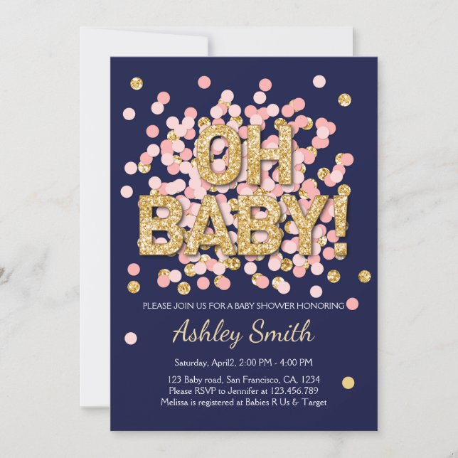 Baby Shower Confetti Pink Gold Navy Invitation (Front)