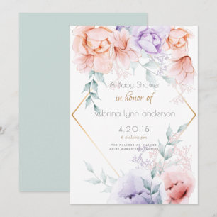 Baby Shower Coral and Lilac Aquarelle Floral Invitation