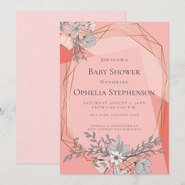 BABY SHOWER Coral Floral Geometric Gold Frame Invitation (Front/Back)