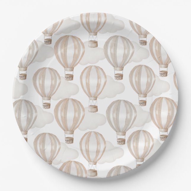 Baby Shower Cream Hot Air Balloons Gender Neutral Paper Plate (Front)