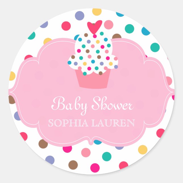 Baby Shower Cupcake Stickers Polka Dot Pink (Front)