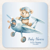 Baby Shower Cute Baby Bear Pilot Blue Aeroplane