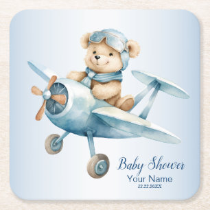 Baby Shower Cute Baby Bear Pilot Blue Aeroplane Square Paper Coaster