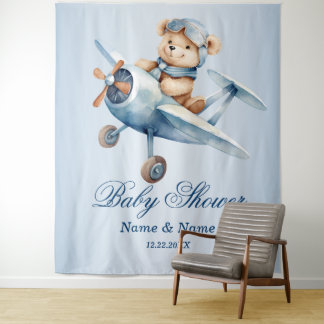 Baby Shower Cute Baby Bear Pilot Blue Aeroplane Tapestry