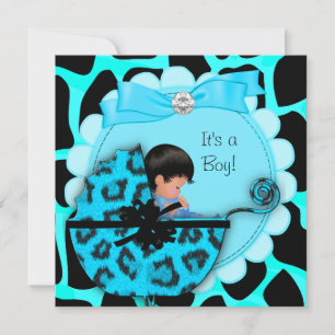 Baby Shower Cute Baby Boy Blue Leopard Pram Invitation