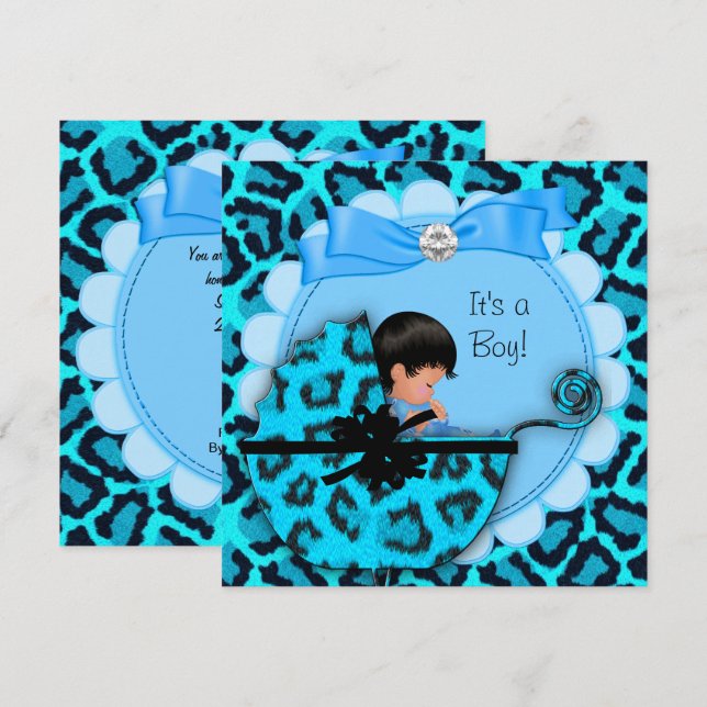 Baby Shower Cute Baby Boy Blue Leopard Pram Invitation (Front/Back)