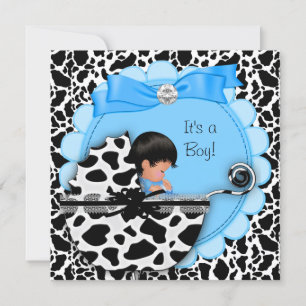 Baby Shower Cute Baby Boy Blue Pram Cow Invitation