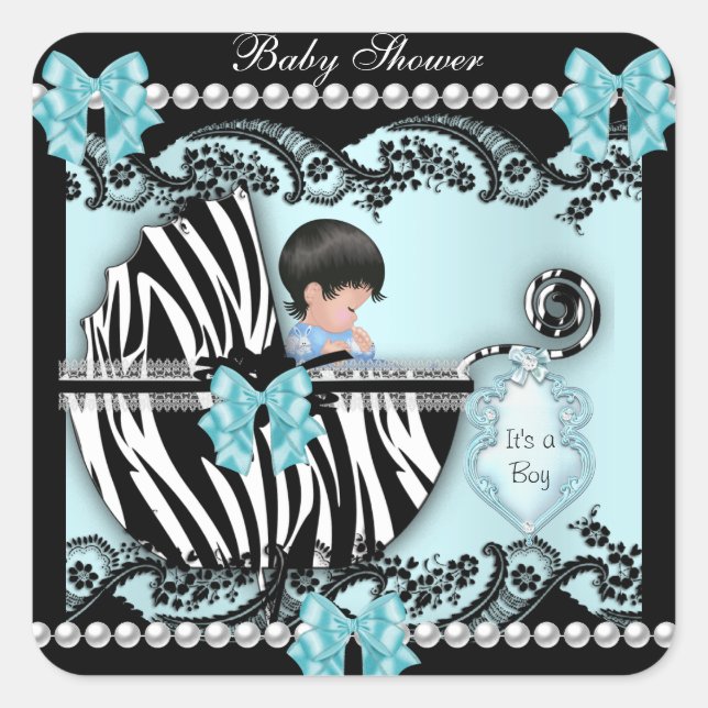 Baby Shower Cute Baby Boy Blue Zebra Lace Square Sticker (Front)