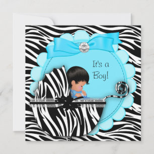 Baby Shower Cute Baby Boy Blue Zebra Pram Invitation