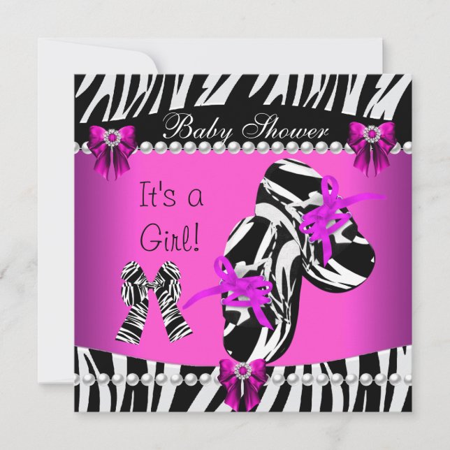 Baby Shower Cute Baby Girl Hot Pink Zebra Shoes Invitation (Front)