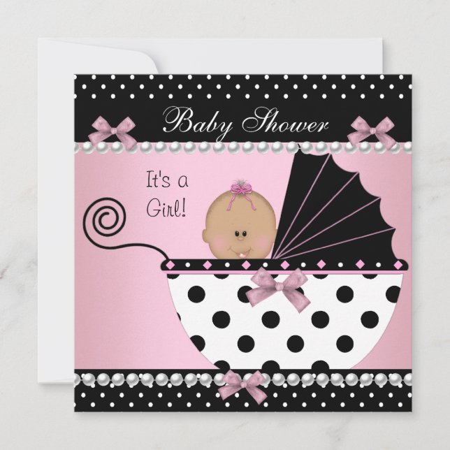 Baby Shower Cute Baby Girl Pink Black Bow Invitation (Front)