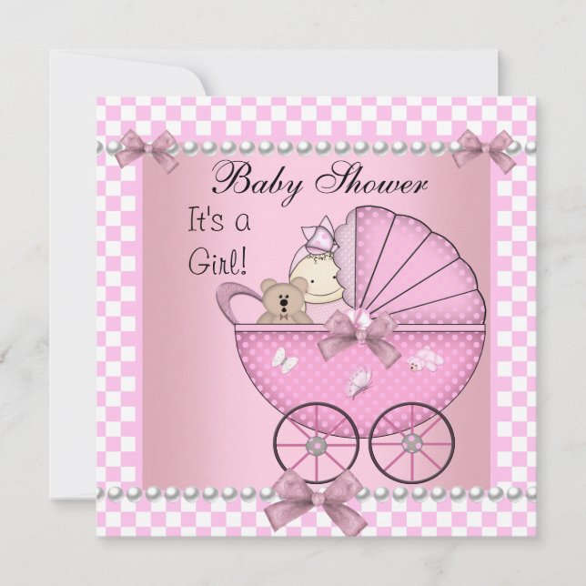 Baby Shower Cute Baby Girl Pink Check Pram Invitation (Front)