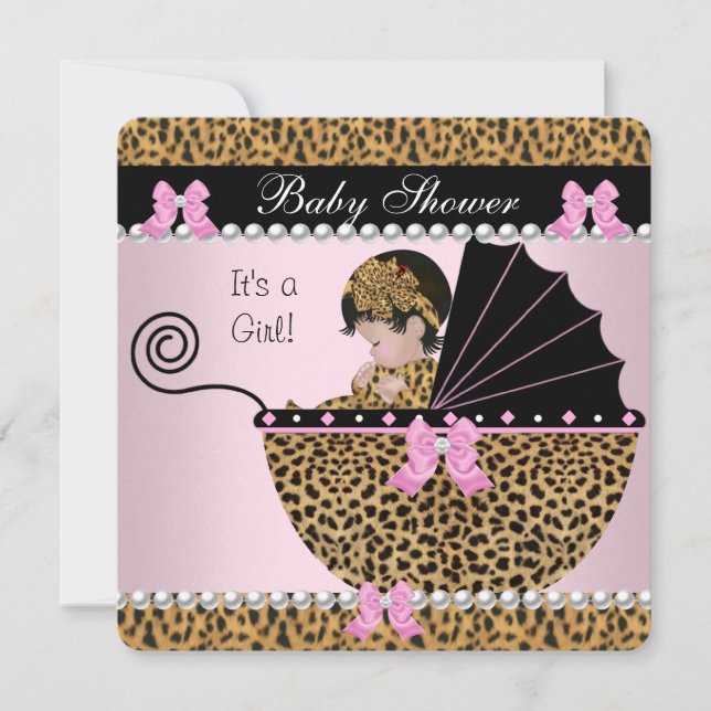 Baby Shower Cute Baby Girl Pink Leopard Bow 2 Invitation (Front)