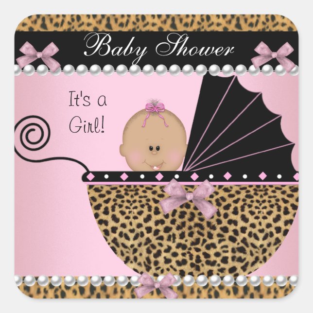 Baby Shower Cute Baby Girl Pink Leopard Square Sticker (Front)