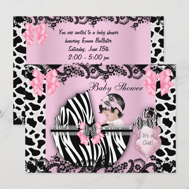Baby Shower Cute Baby Girl Pink Zebra Cow Lace 3 Invitation (Front/Back)