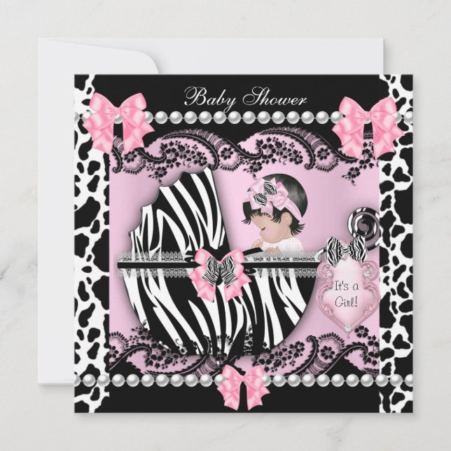 Baby Shower Cute Baby Girl Pink Zebra Cow Lace Invitation (Front)