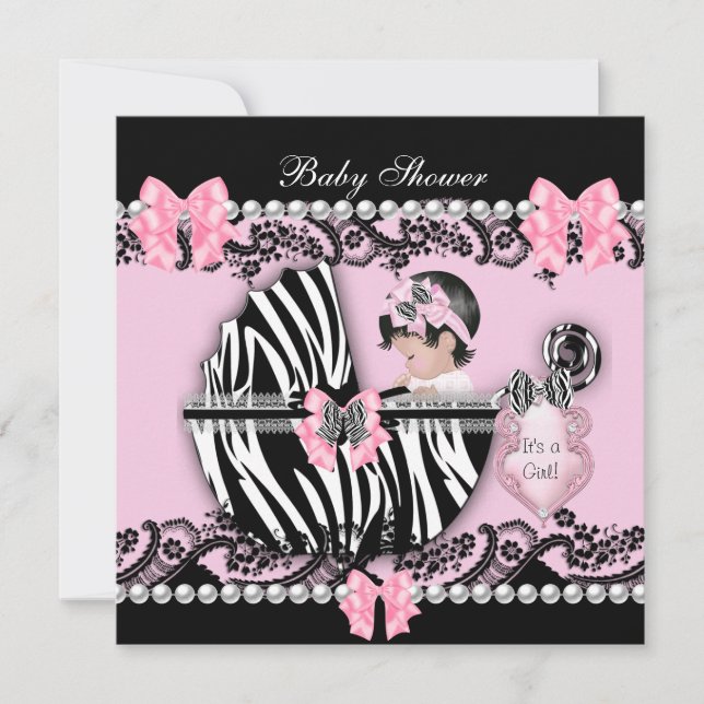 Baby Shower Cute Baby Girl Pink Zebra Lace 2 Invitation (Front)