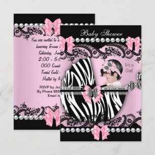 Baby Shower Cute Baby Girl Pink Zebra Lace Invitation