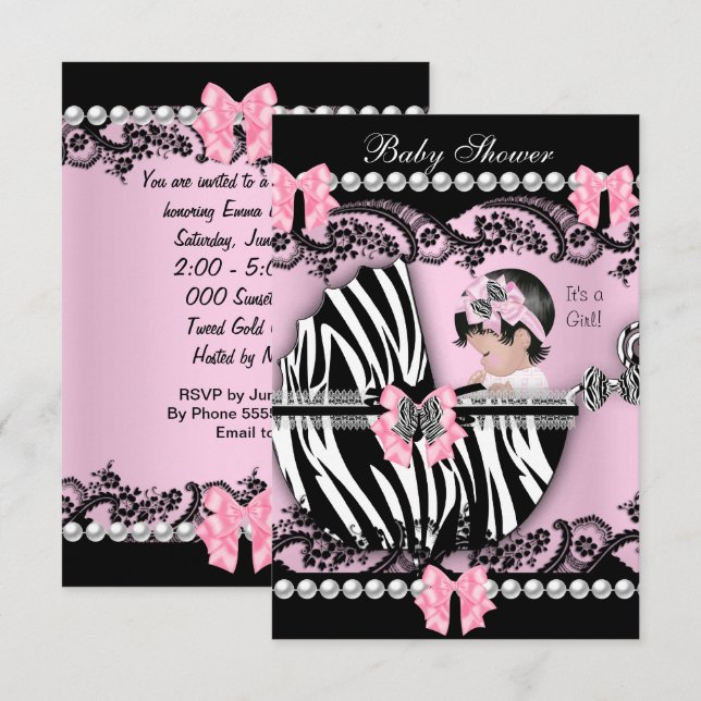 Baby Shower Cute Baby Girl Pink Zebra Lace Invitation (Front/Back)