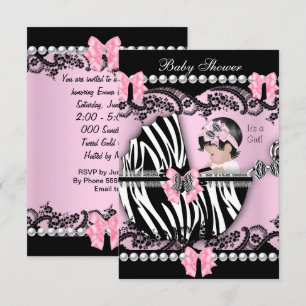 Baby Shower Cute Baby Girl Pink Zebra Lace Invitation