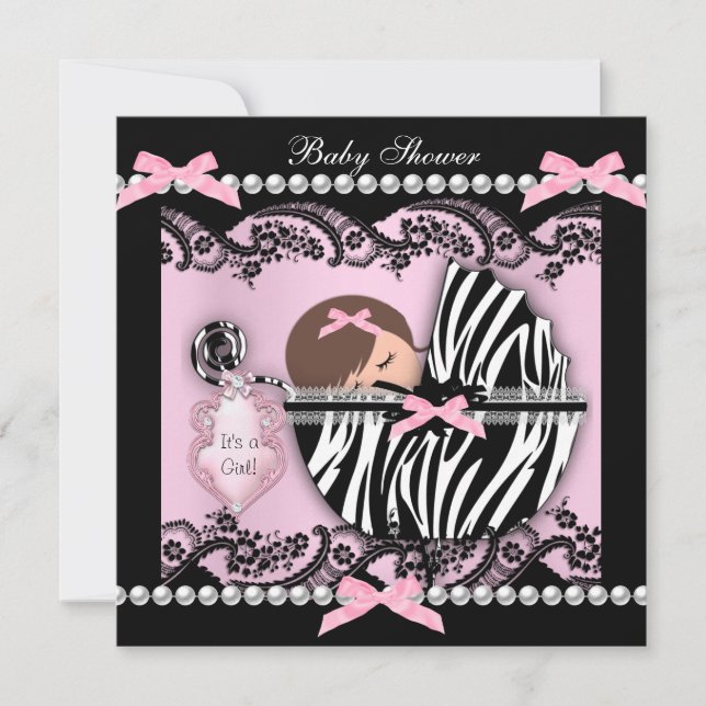 Baby Shower Cute Baby Girl Pink Zebra Lace Invitation (Front)