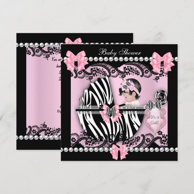 Baby Shower Cute Baby Girl Pink Zebra Lace Invitation (Front/Back)