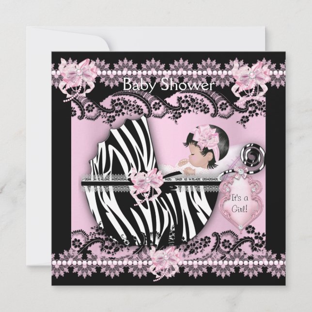 Baby Shower Cute Baby Girl Pink Zebra Lace NEW Invitation (Front)