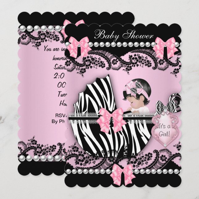 Baby Shower Cute Baby Girl Pink Zebra Lace SCALL Invitation (Front/Back)