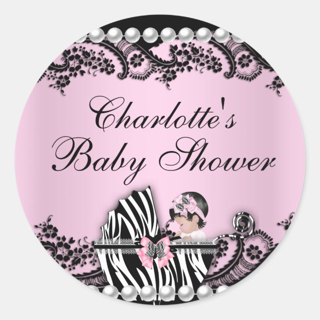Baby Shower Cute Baby Girl Pink Zebra Lace Sticker (Front)