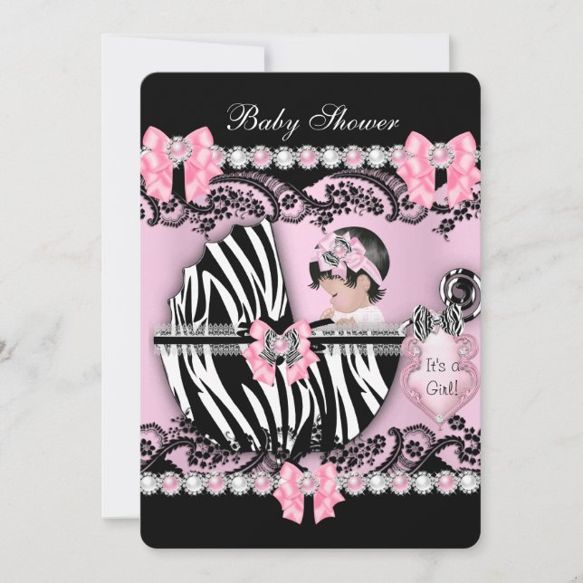 Baby Shower Cute Baby Girl Pink Zebra Pearls Invitation (Front)